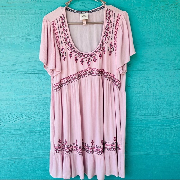 Flutter Short Sleeve Embroidered BOHO EMPIRE WAIST Dress MAUVE DUSTY PINK LARGE - Picture 2 of 11